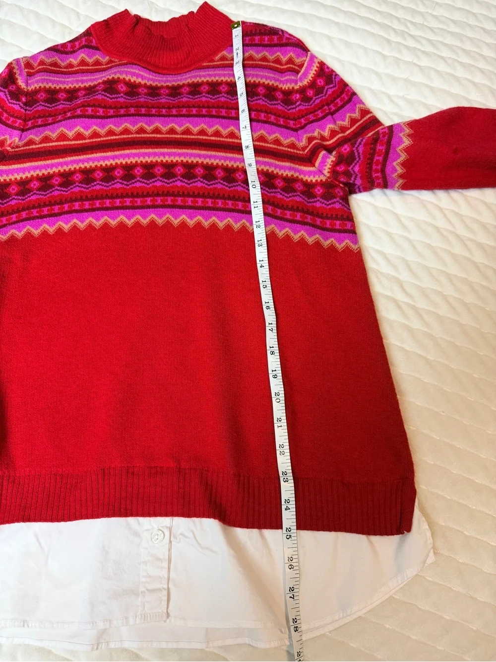 Isaac Mizrahi Bright Red Mock Neck Fair Isle Sweater Layered White Button Down